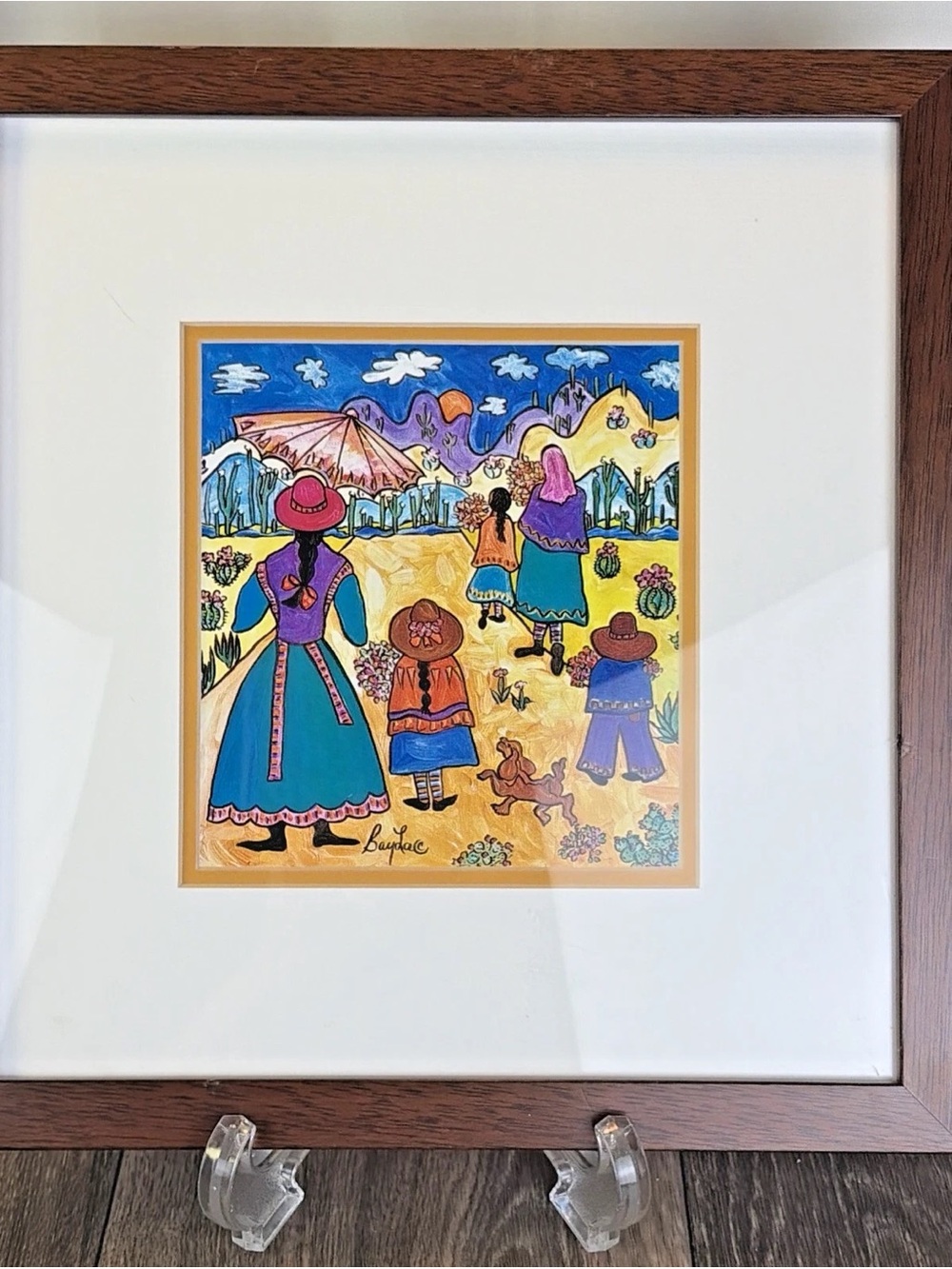 Framed Barbara BayLa Cohen Art "Hurry Home" Sonoran Desert Landscape Family 12"